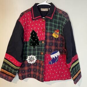 Vintage Patchwork‎ Quilted Christmas Jacket Embroidered Large Cottagecore Boho